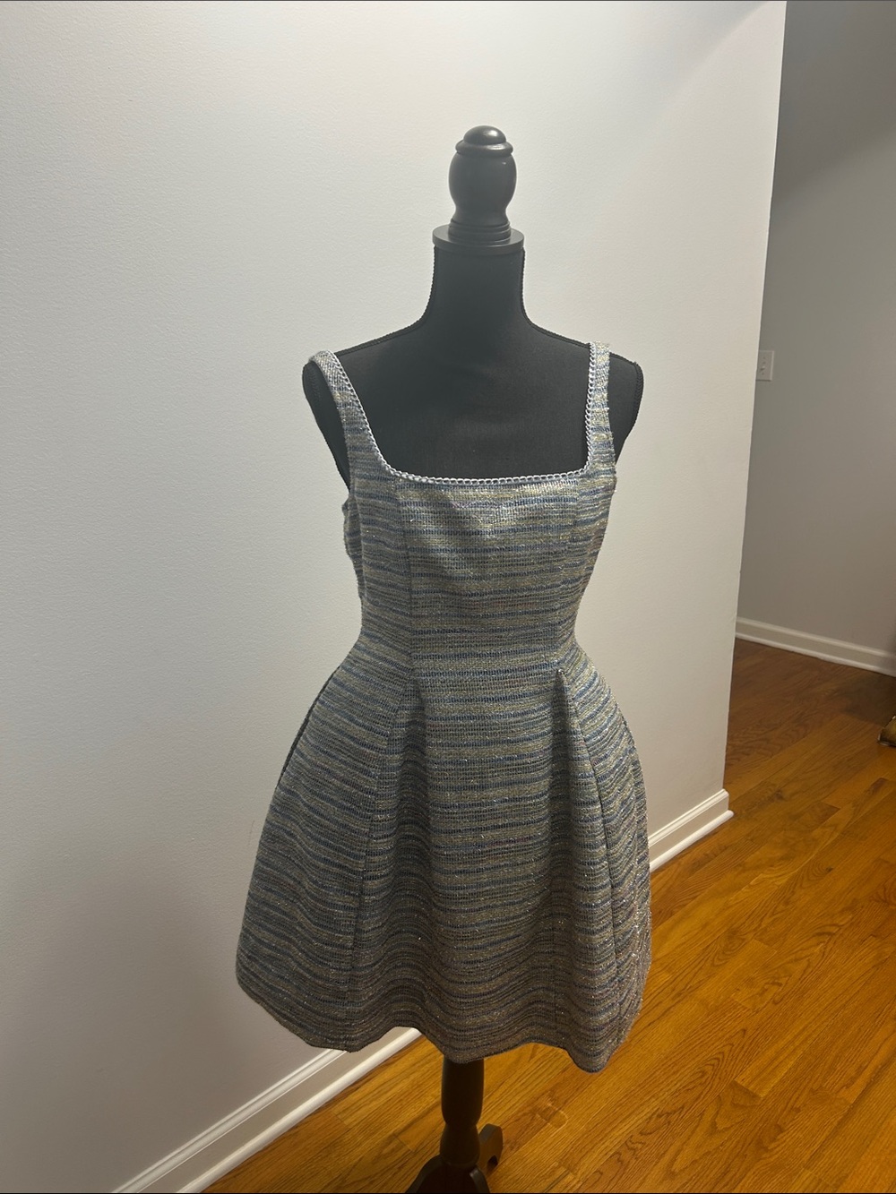 Anthropologie Striped Square-Neck Mini Dress in Blue and Gray